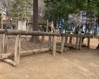 大型の木製アスレチックのある公園