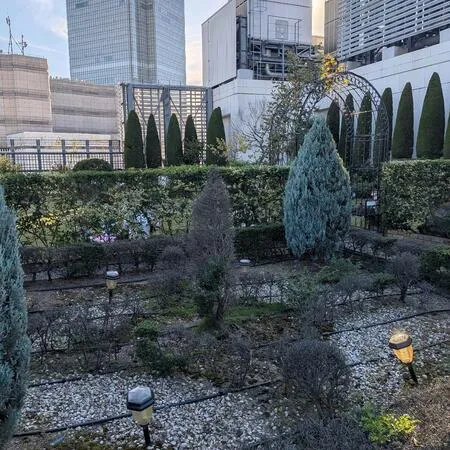7階から階段を登って庭園に行きます。