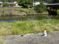 川に降りるための階段があり、駐車場...