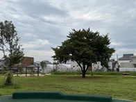 年齢別の遊具があり、桜の木がある原...
