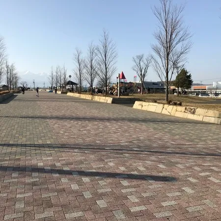 広々とした公園で芝生、砂場、遊具が...